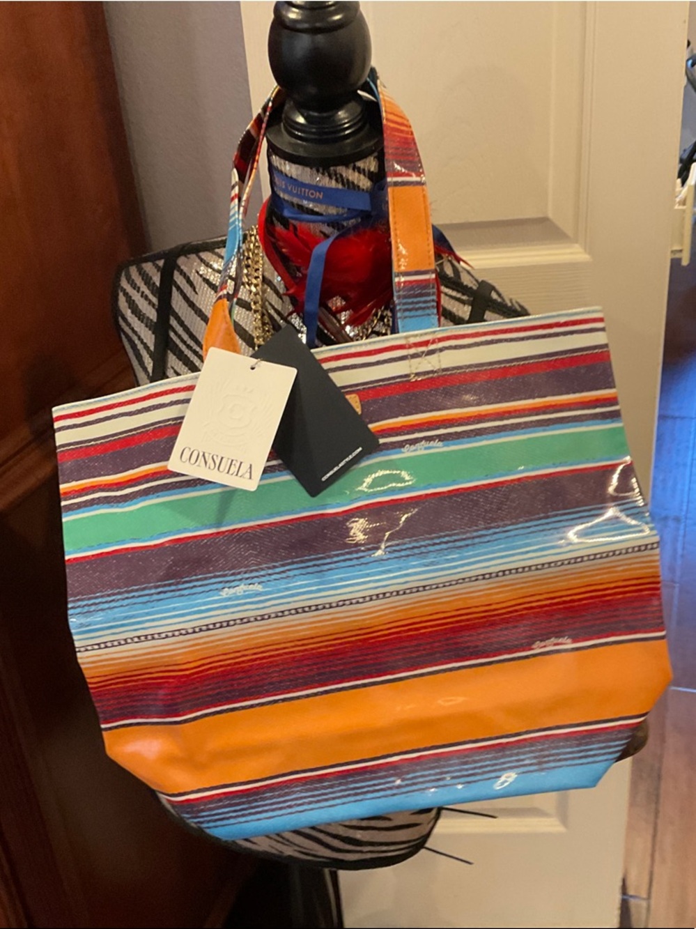 Consuela Multicolor Striped Tote with Orange Base
